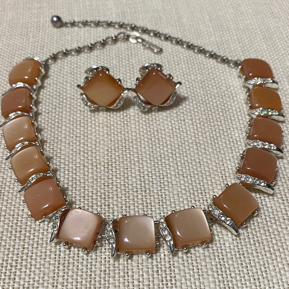 Vintage Tan and rhinestone silver 16” choker Necklace and clip on Earring Set